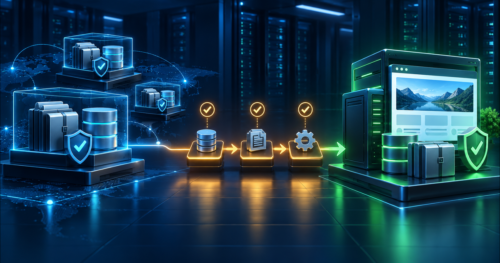 Cópias de backup passando por validação até um ambiente WordPress restaurado e operacional