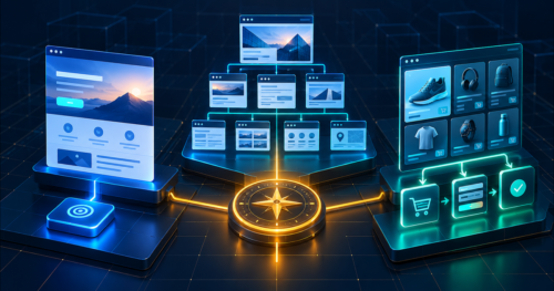 Comparação visual entre landing page, site institucional e loja virtual guiada pelo objetivo do negócio