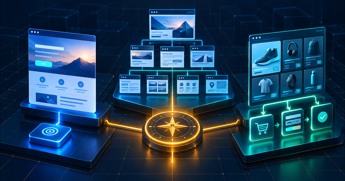 Comparação visual entre landing page, site institucional e loja virtual guiada pelo objetivo do negócio