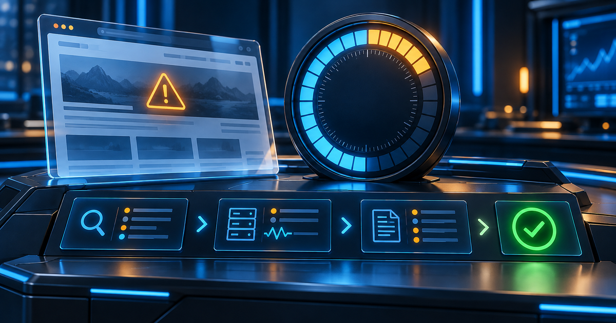 Console de resposta a incidente com aviso de indisponibilidade, relógio segmentado e cartões de evidência para verificar a recuperação do site
